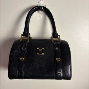 MCM Saffiano Leather Monogram Studded Boston Bag